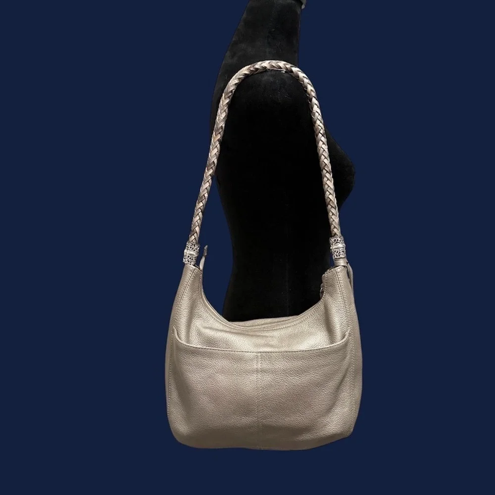 Brighton Barbados Hobo Bag Metallic Champagne Leather Heart Tassel EUC